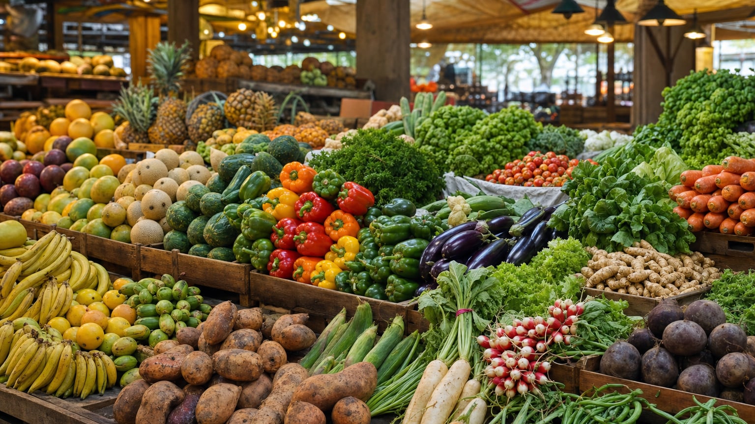 Étal abondant de fruits et légumes façon marché couvert