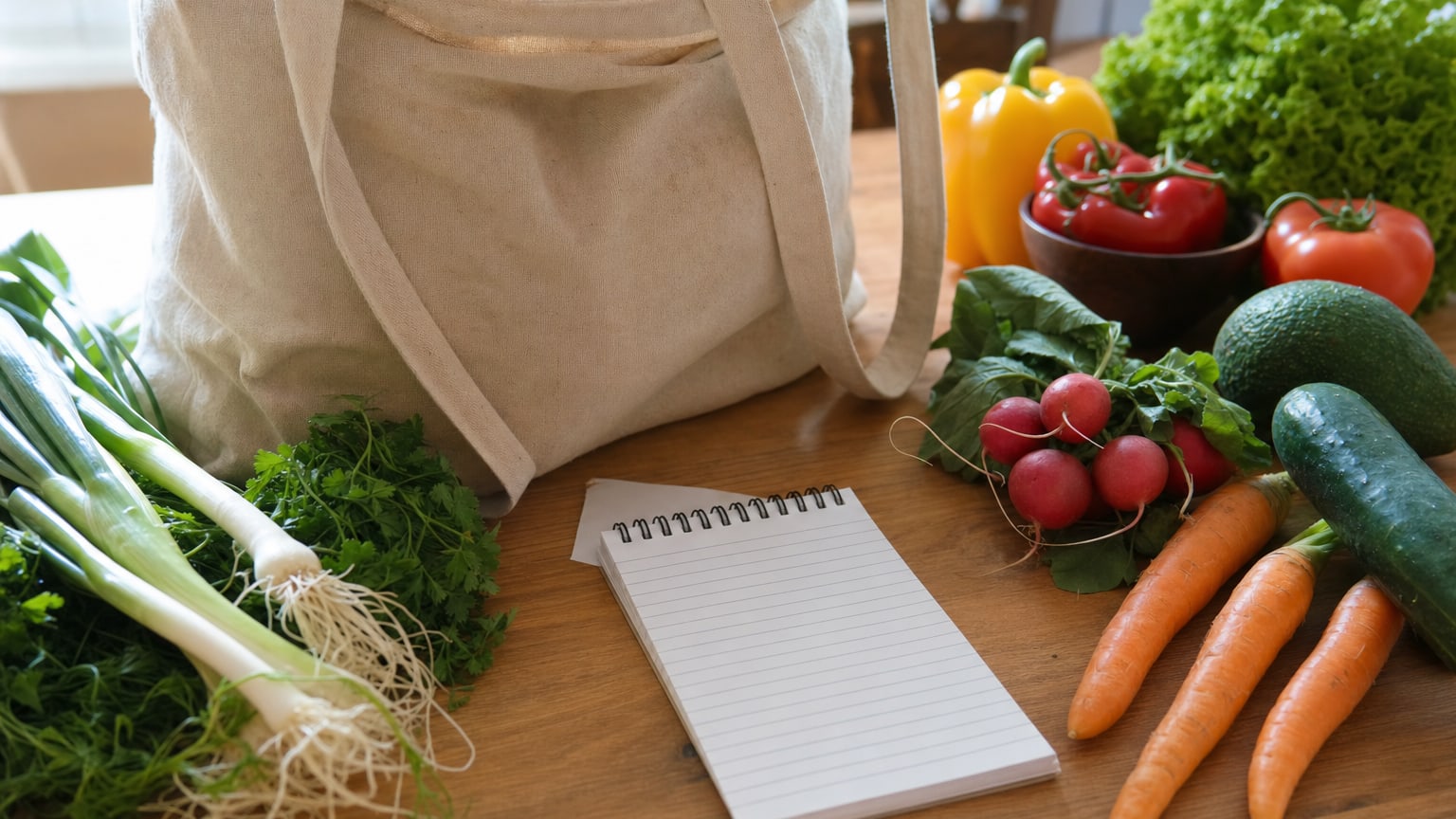 Liste de courses manuscrite à côté d'un sac réutilisable